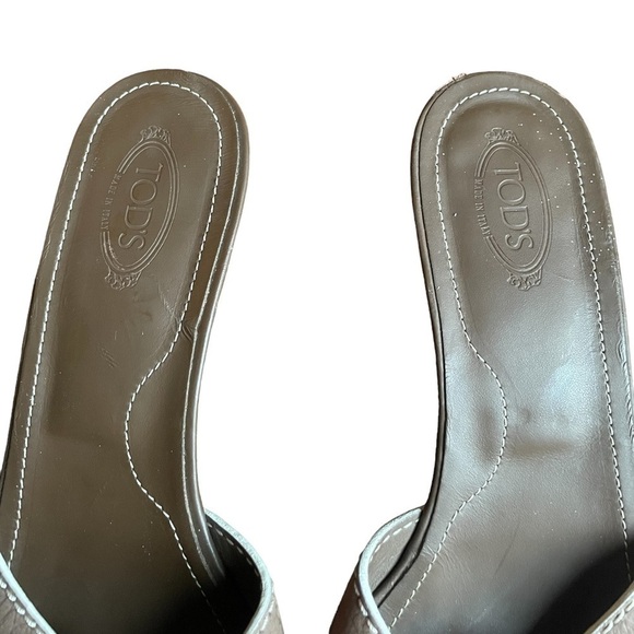 Tods Leather Kitten Heel Slide Sandals Taupe 8.5 - Picture 5 of 13